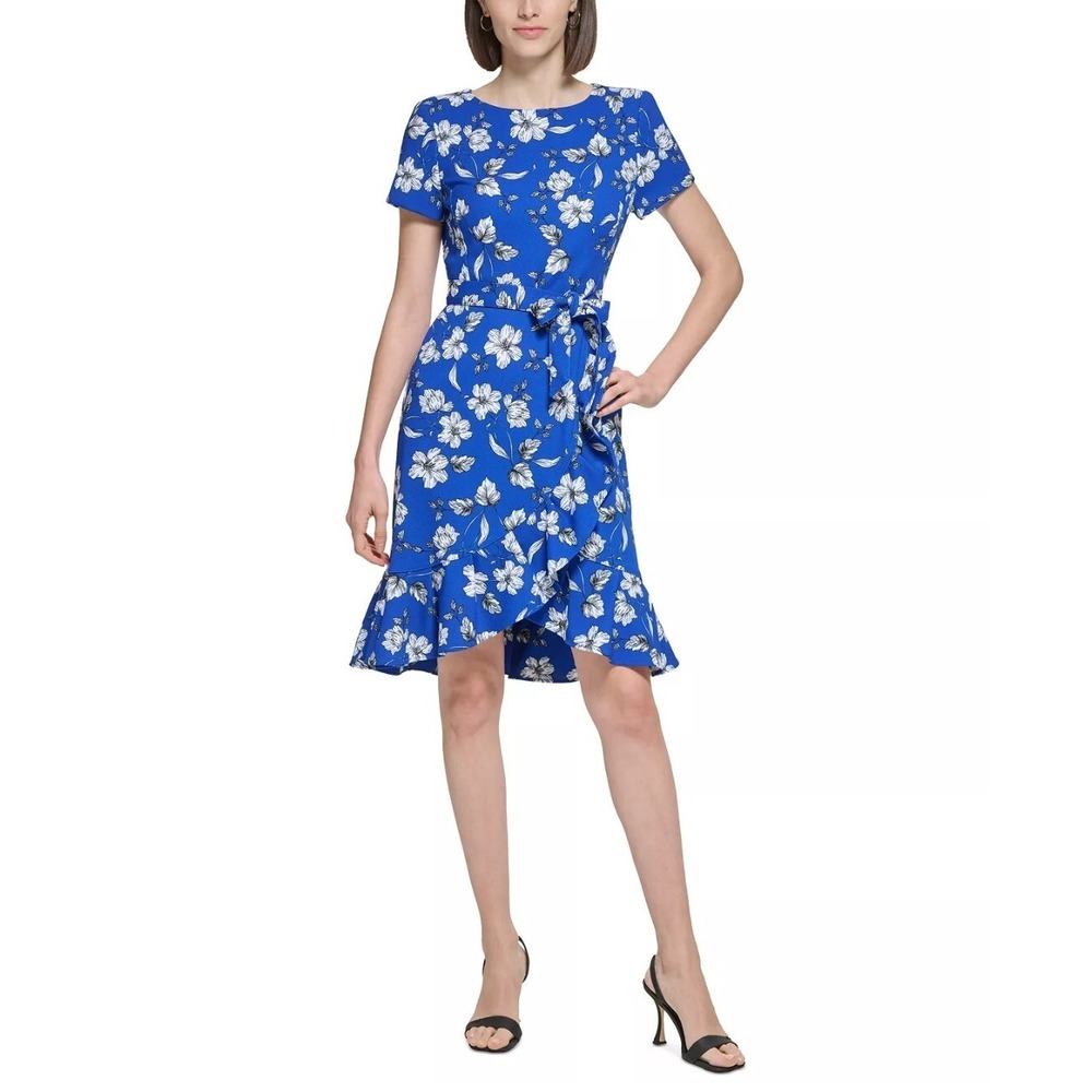 Calvin Klein Women's Size 2 Floral Print  Short Sleeve Ruffled Hem Dress